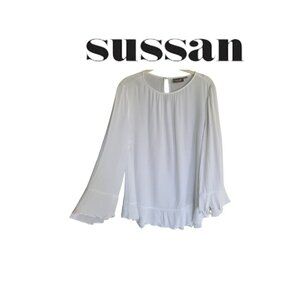 Sussan l/s 100% viscose white flowy bell sleeve blouse size 12